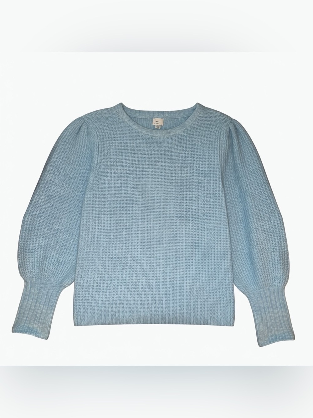 Light Blue Waffle-Knit Puff Sleeve Sweater